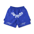 Sp5der Purple White Logo Paint-Splatter Shorts