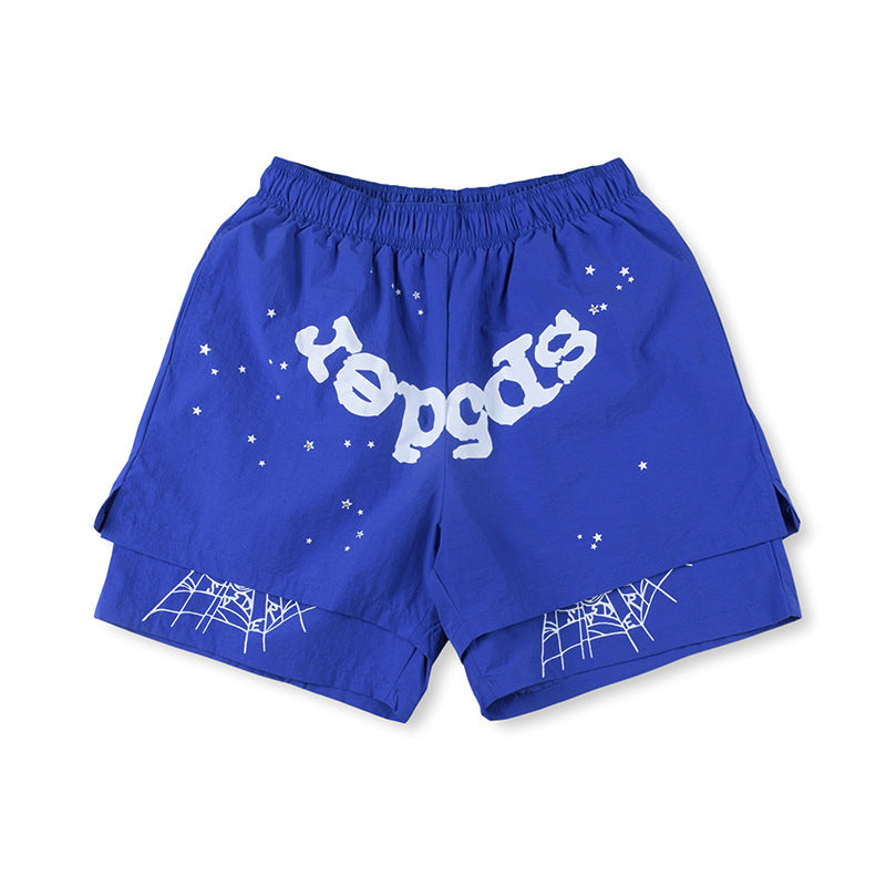 Sp5der Purple White Logo Paint-Splatter Shorts