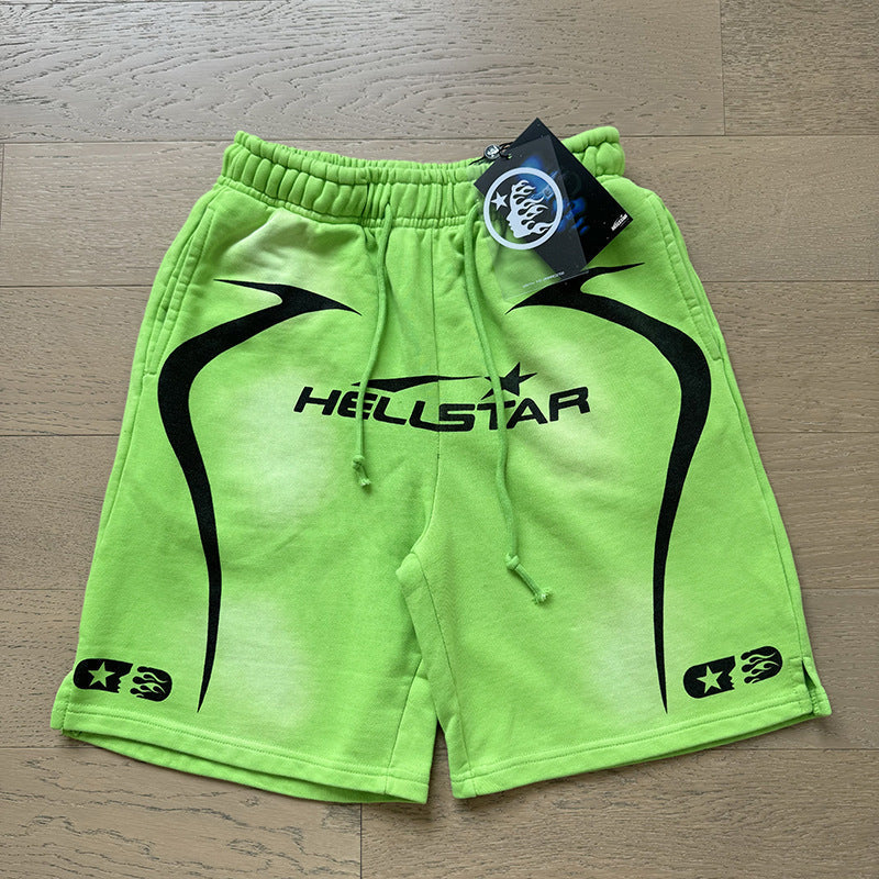 Hellstar Neon Green Black Flame Logo Shorts