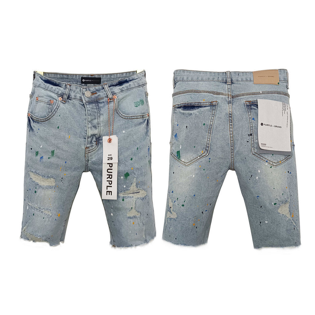 Purple Brand Light Wash Paint Splatter Denim Shorts