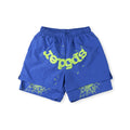 Sp5der Royal Blue Neon Green Logo Paint-Splatter Shorts