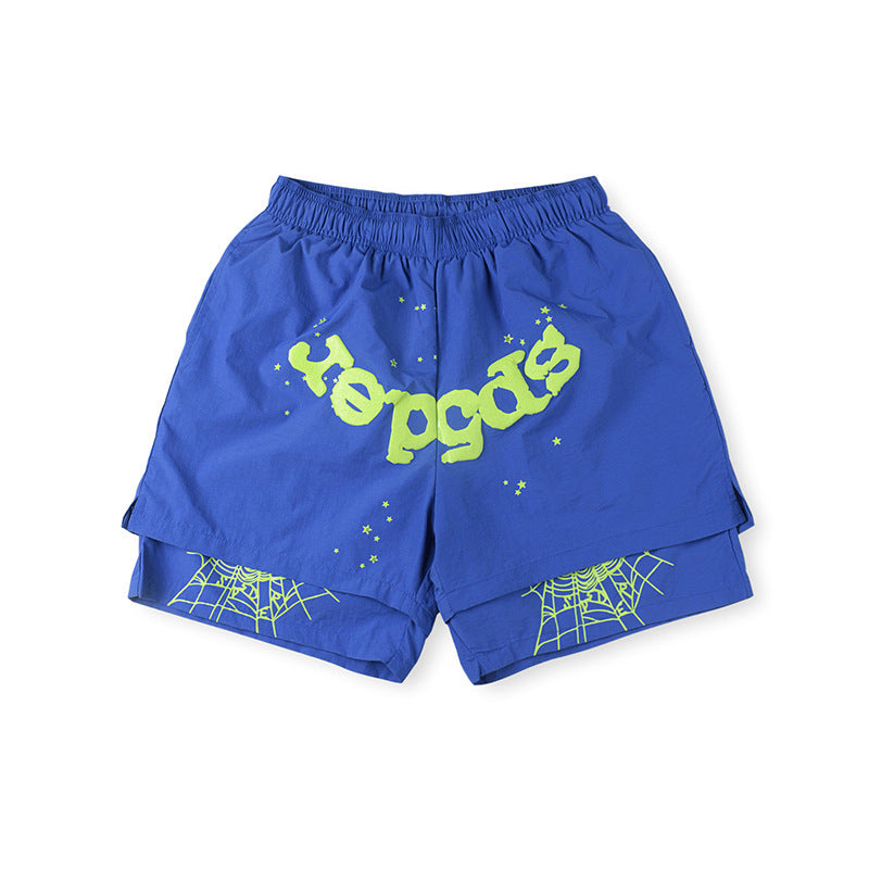 Sp5der Royal Blue Neon Green Logo Paint-Splatter Shorts