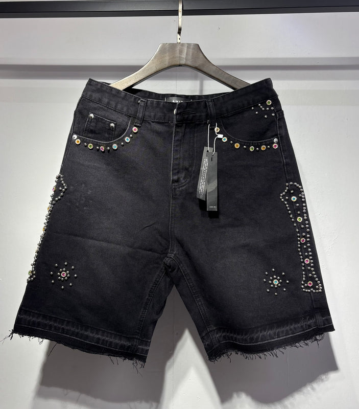 Amiri Rhinestone-Trim Denim Jorts - Black