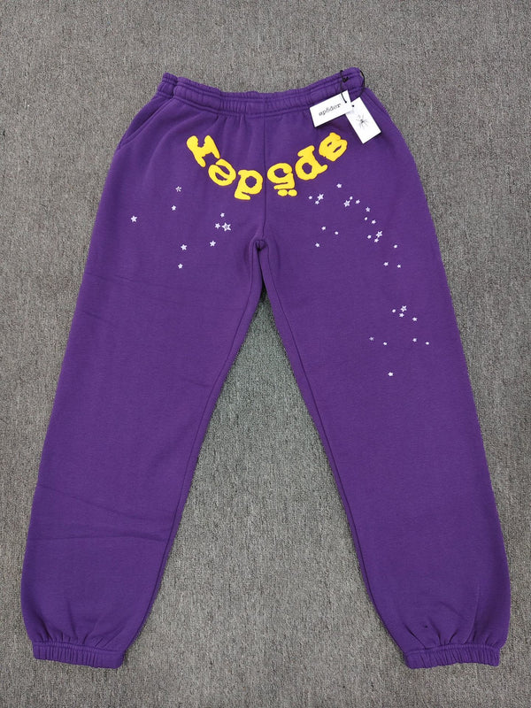 Sp5der Purple Yellow Logo Paint-Splatter Sweatpants