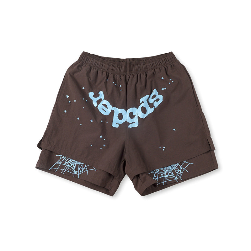 Sp5der Brown Light Blue Logo Paint-Splatter Shorts