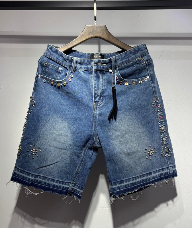 Amiri Rhinestone-Trim Denim Jorts - Blue