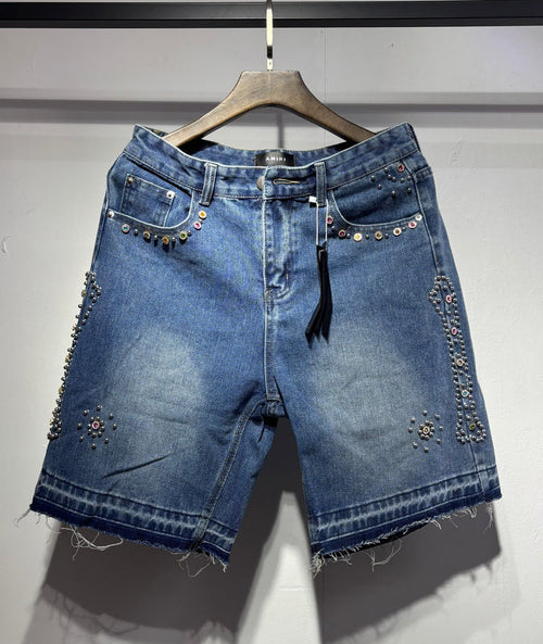 Amiri Rhinestone-Trim Denim Jorts - Blue