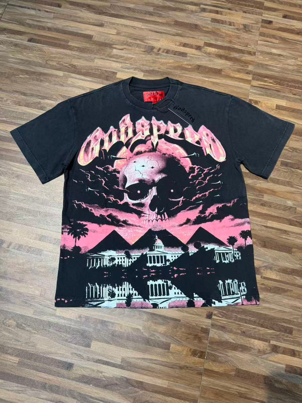 Godspeed Skull Landscape Graphic T-Shirt - Black and Pink
