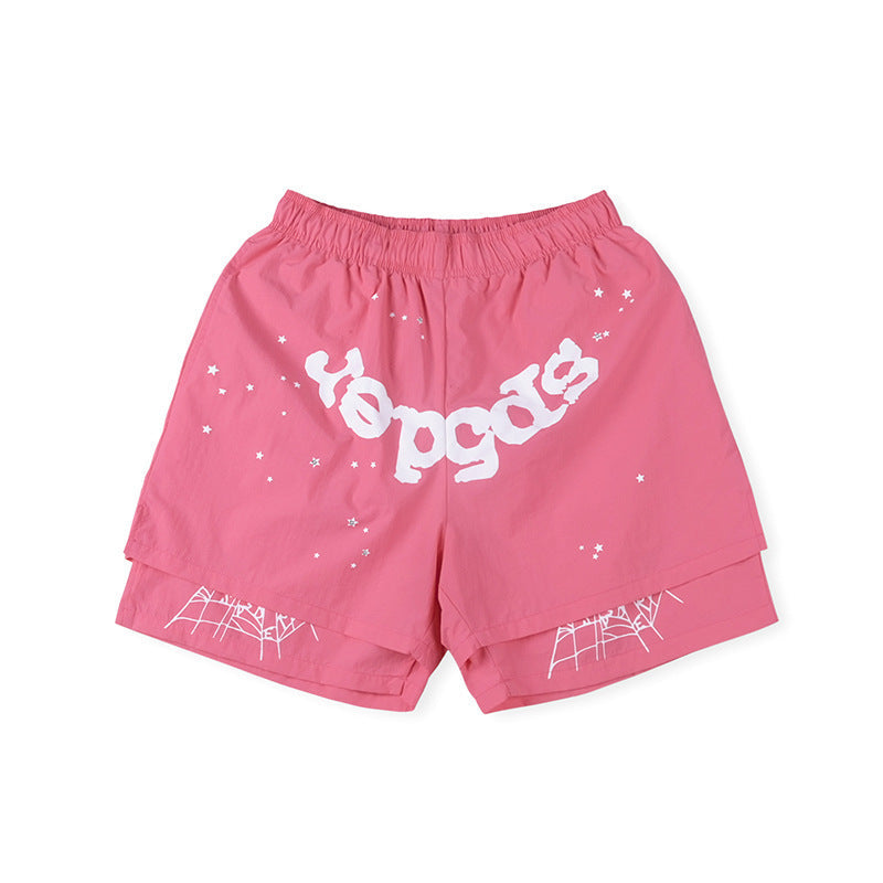 Sp5der Pink White Logo Paint-Splatter Shorts