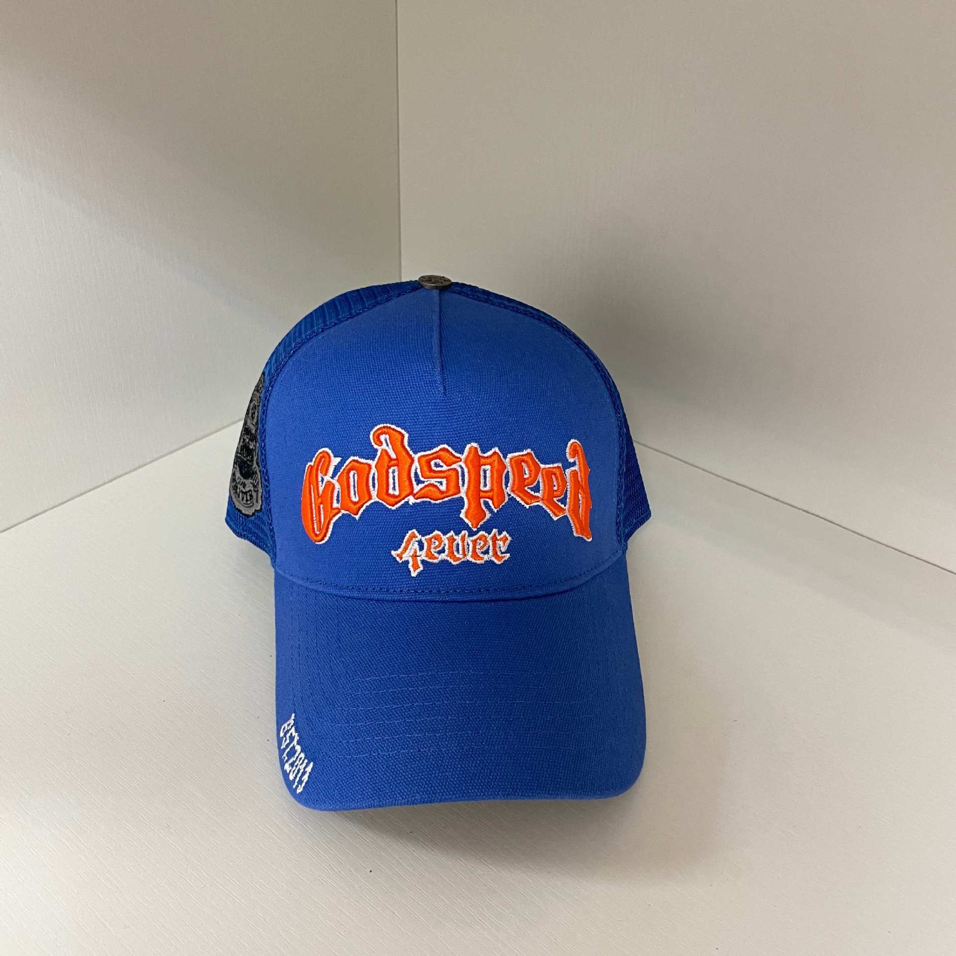 Godspeed Royal Blue Orange Script Trucker Hat