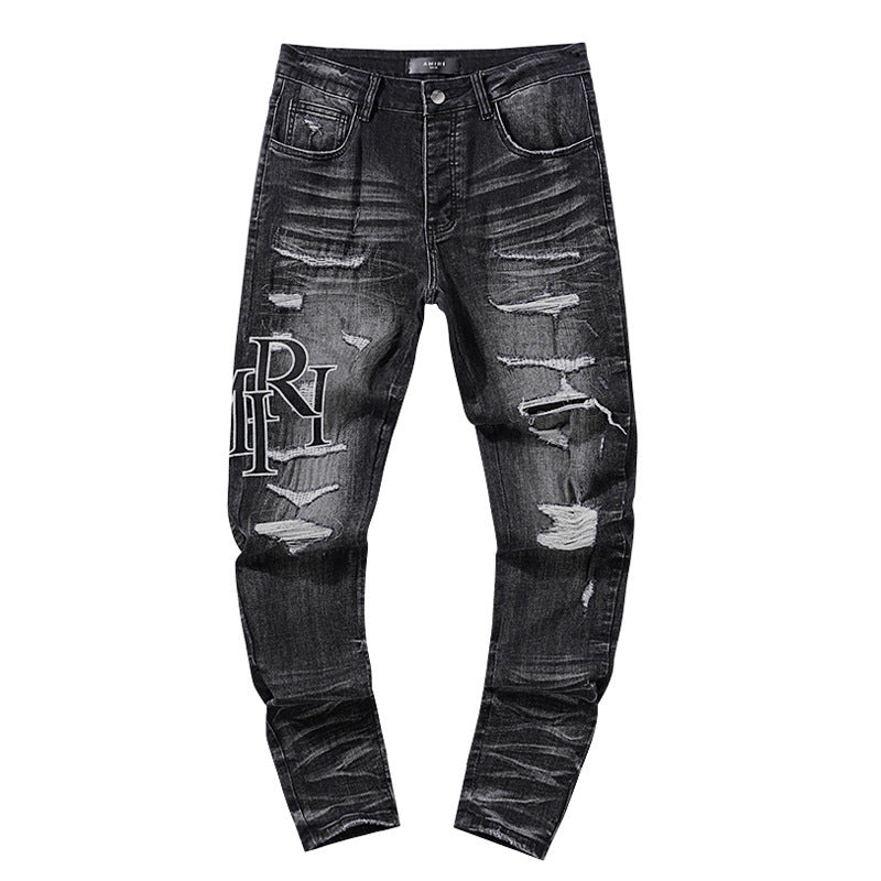 Amiri Distressed Black-and-Grey Logo Jeans
