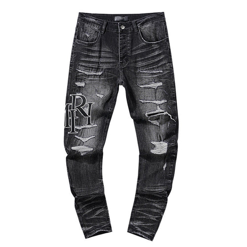 Amiri Distressed Black-and-Grey Logo Jeans