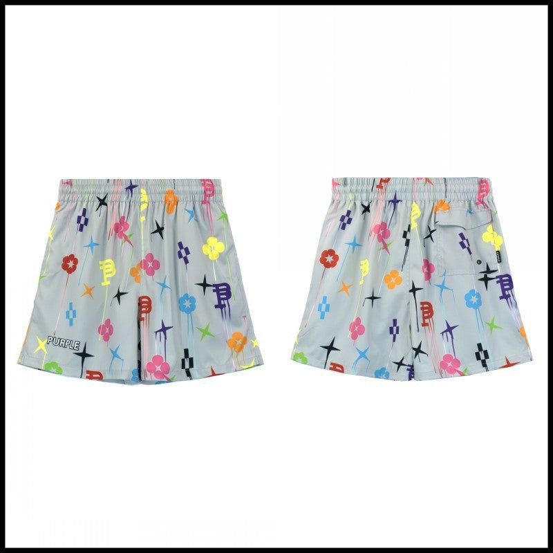 Purple Brand Light Wash Multicolor Monogram Shorts