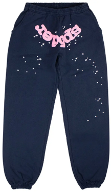 Sp5der Navy Pink Logo Paint-Splatter Sweatpants
