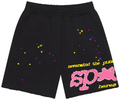 Sp5der Black Pink Logo Paint-Splatter Shorts