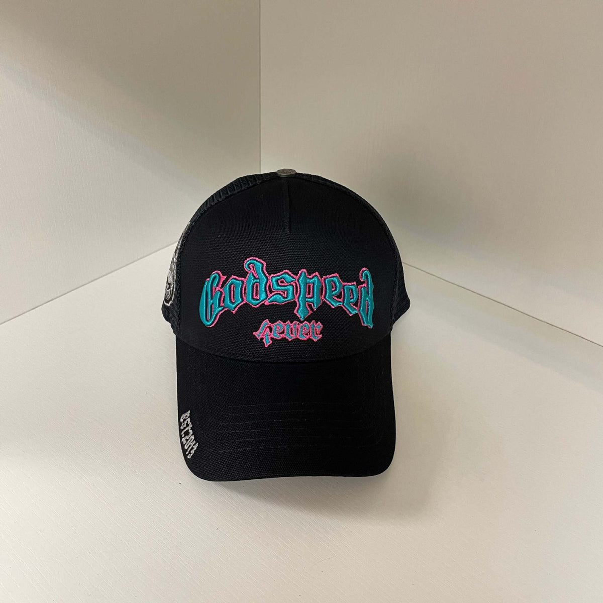 Godspeed Black Blue Script Trucker Hat