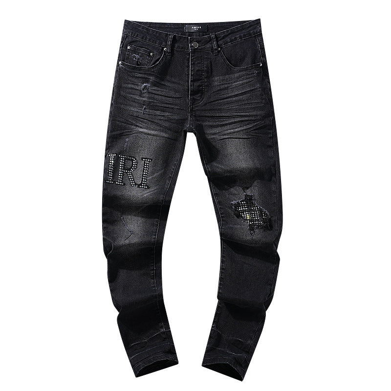Amiri Rhinestone Side-Logo Dark-Grey Jeans