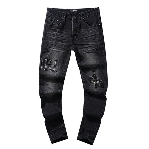 Amiri Rhinestone Side-Logo Dark-Grey Jeans