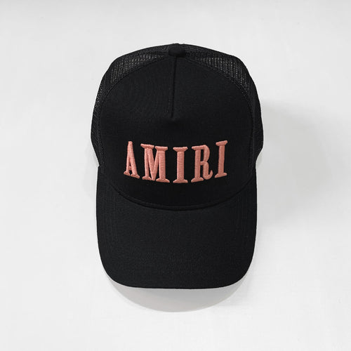 Amiri Black Peach Logo Trucker Hat