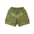 Sp5der Olive White Logo Paint-Splatter Shorts