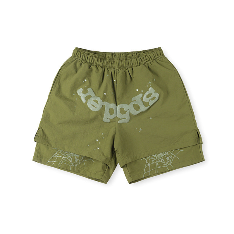 Sp5der Olive White Logo Paint-Splatter Shorts