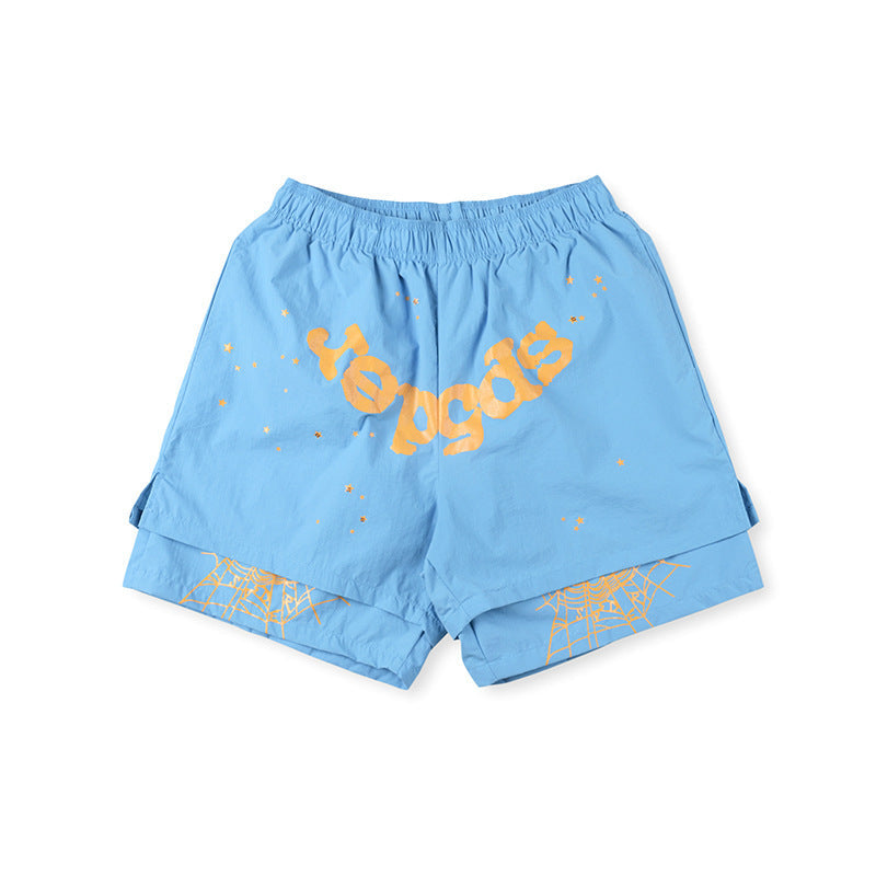 Sp5der Light Blue Orange Logo Paint-Splatter Shorts