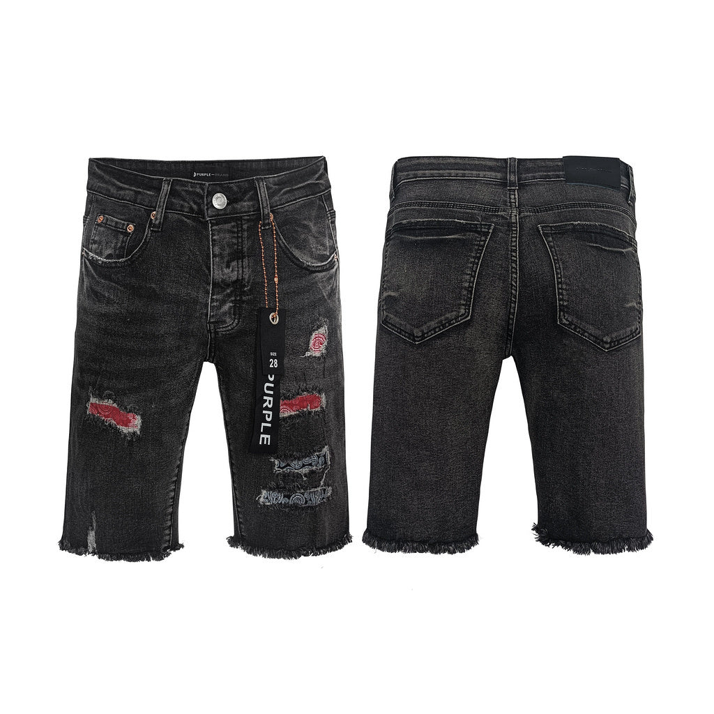Purple Brand Black Red Distressed Denim Shorts