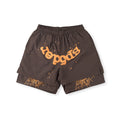 Sp5der Brown Orange Logo Paint-Splatter Shorts