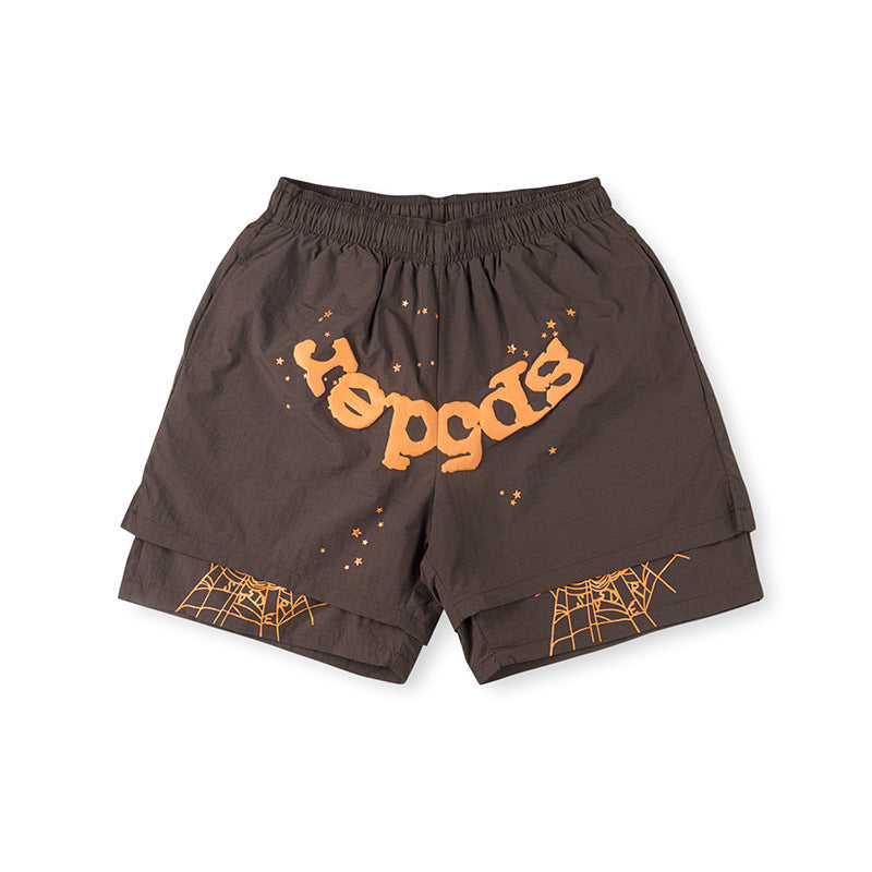 Sp5der Brown Orange Logo Paint-Splatter Shorts
