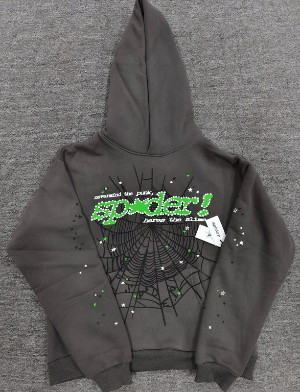 Sp5der Charcoal Neon Green Web Hoodie
