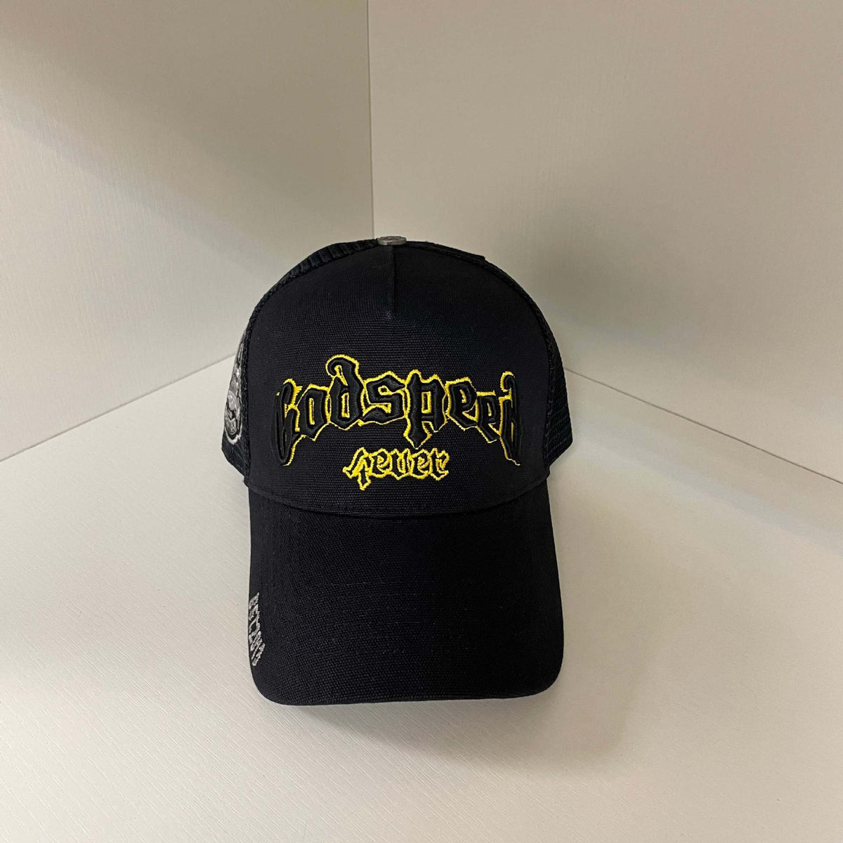 Godspeed Black Yellow Script Trucker Hat