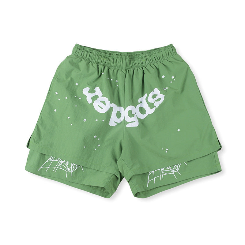 Sp5der Green White Logo Paint-Splatter Shorts