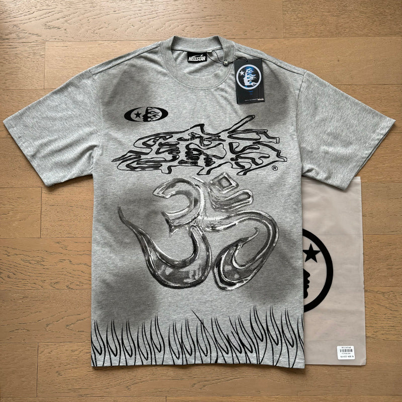 Hellstar Grey Black Flame Graphic T-Shirt