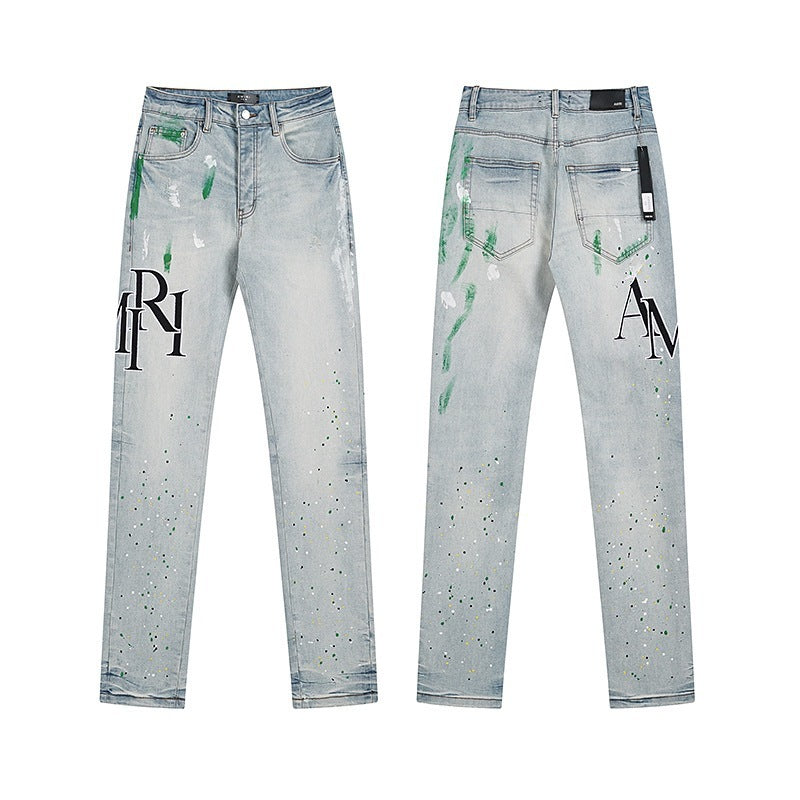 Amiri Green Paint-Splatter Light-Wash Jeans