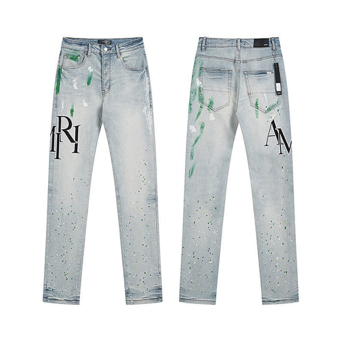 Amiri Green Paint-Splatter Light-Wash Jeans