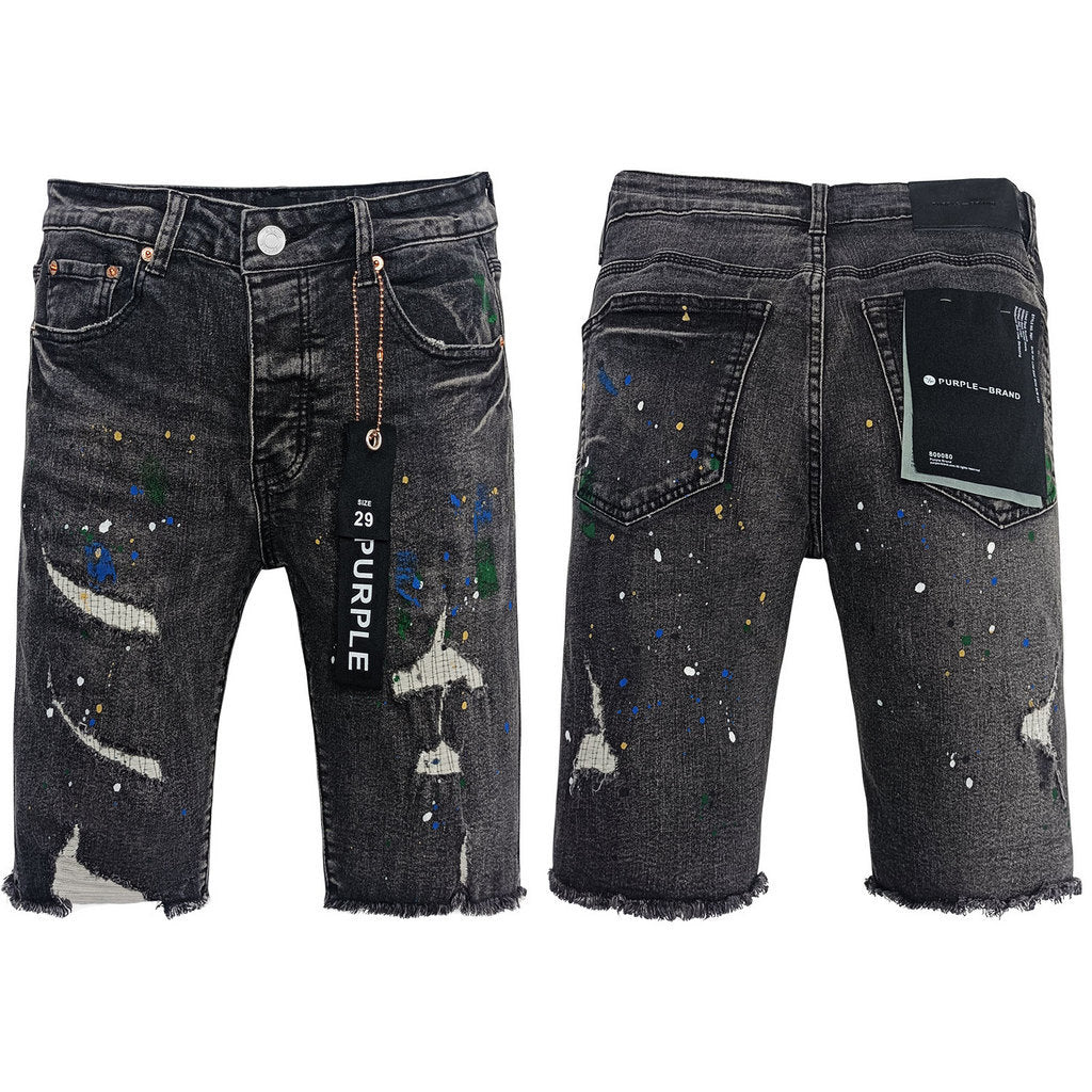 Purple Brand Multicolor Paint-Splatter Charcoal Denim Shorts